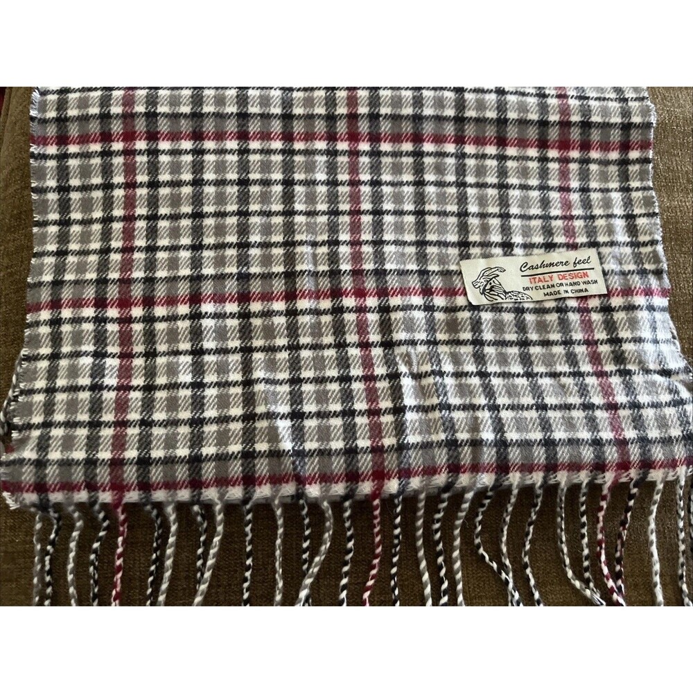 VTG Cashmere Feel by Italy Design Scarf Unisex GrayPlaid Acrylic FRINGE WINTER